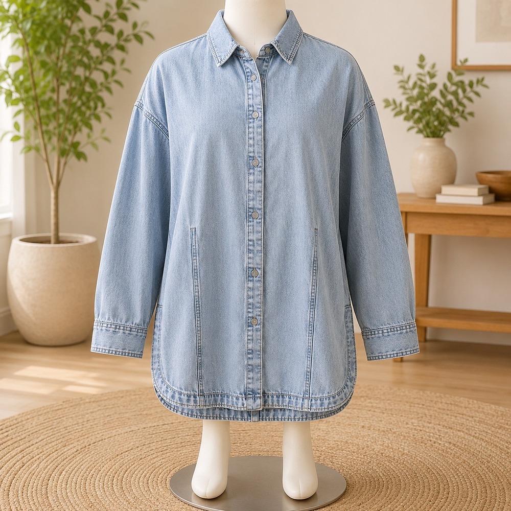 NWT Joan Rivers Denim Tunic Shirt Women Small Blue Long Sleeve Acid Wash Button
